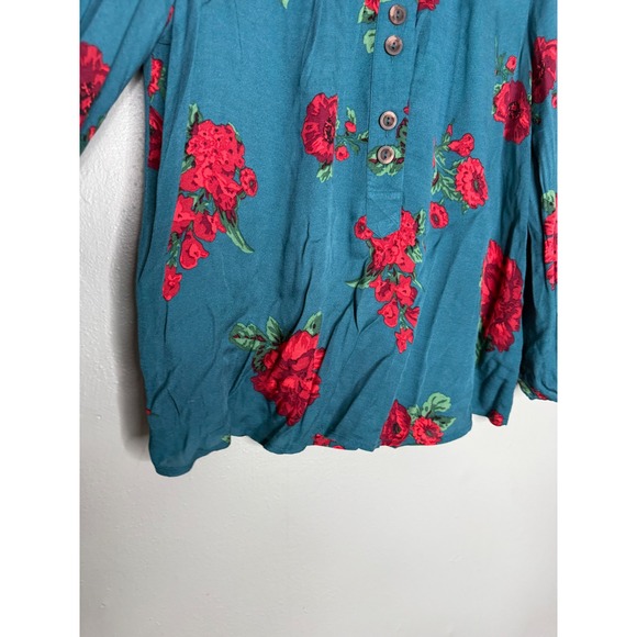 Anthropologie Maeve Kalas teal henley floral woven blouse - Picture 9 of 10